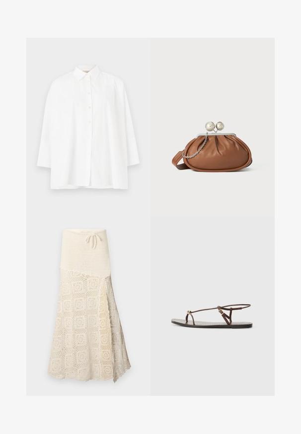 Fehér, gombos ing klasszikus gallérral, hosszú ujjú és laza szabású. Simított pamut anyag, látható minták vagy kiemelések nélkül.; Horgolt szoknya, textúrált krém felső résszel és alul intricált négyzetmintával. Állítható zsinór a deréknál.; Barna bőr szandál vékony pántokkal, arany kör alakú díszítéssel és lapos talppal. Minimalista dizájn, állítható csat részlettel.; Barna bőrből készült clutch táska ezüst gömb záróval és kis ezüst lánc díszítéssel, fehér háttéren.
