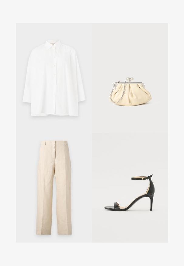Bílá košile na knoflíky s klasickým límcem, dlouhými rukávy a volným střihem. Hladká bavlněná látka bez viditelných vzorů nebo akcentů.; Bežové lněné kalhoty s volným střihem, sklady na přední straně a rovnými nohavicemi. Mají pas s poutky na opasek a žádné viditelné kapsy.; Černá kožená sandálová bota na vysokém podpatku s páskem kolem kotníku. Vyznačuje se hladkým povrchem, otevřenou špičkou a tenkým podpatkem. Detail v zlatém tónu na sponě.; Plisovaná béžová kožená kabelka na psaní s rámem ze stříbrného kovu, vybavená dvěma kulatými dekorativními uzávěry a stříbrným řetízkem.