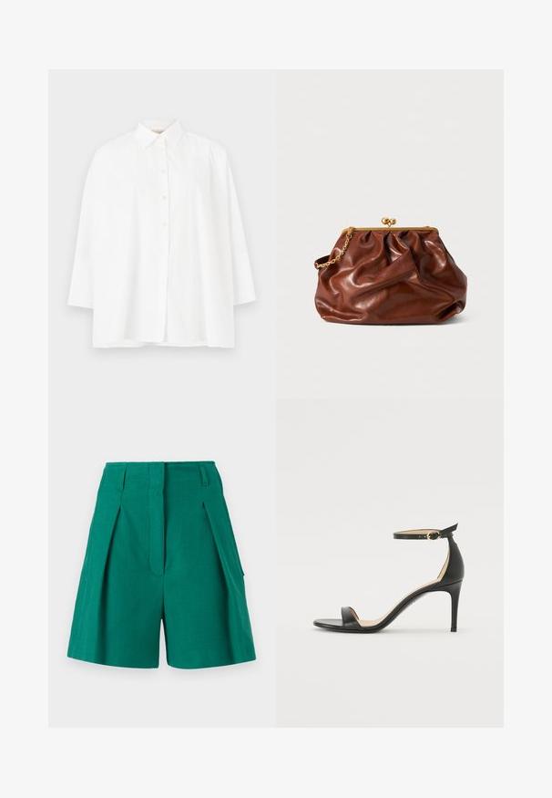 Fehér, gombos ing klasszikus gallérral, hosszú ujjú és laza szabású. Simított pamut anyag, látható minták vagy kiemelések nélkül.; Zöld rövidnadrág, texturált anyaggal, redős részletekkel és oldalsó zsebekkel. A fazon magasan szabott és egyenes vonalú.; Fekete bőr magassarkú szandál bokapánttal. Simább textúrájú, nyitott orrú és vékony sarkú. Arany színű csat részlet.; Barna bőr klutcs táska arany csattal és rövid arany lánckarral, puha, összegyűrt textúrával, fehér háttér előtt.