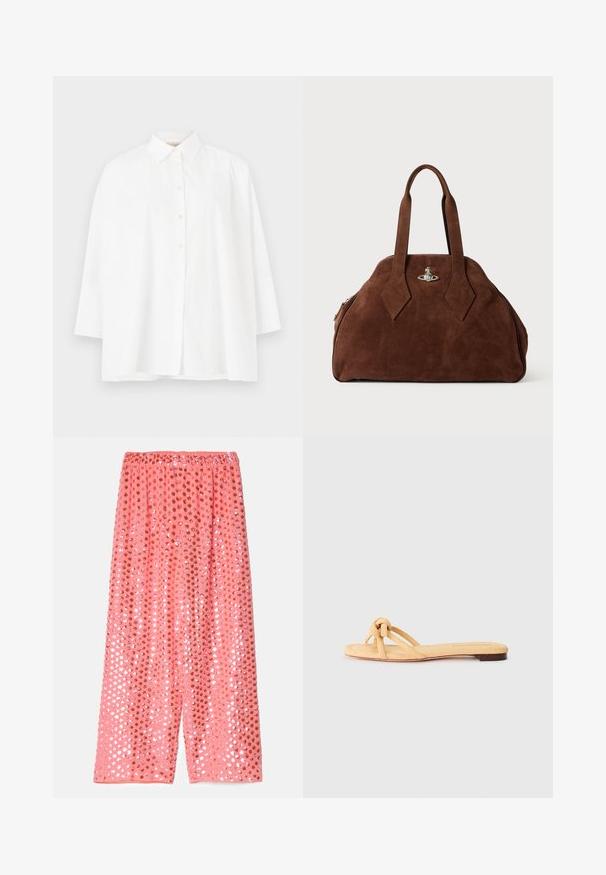 Bijela košulja s dugim rukavima i klasičnim ovratnikom, opuštenog kroja. Glatka pamučna tkanina bez vidljivih uzoraka ili ukrasa.; Ružičaste hlače širokog kroja izrađene od lagane tkanine, sa sjajnim štrasom u ružičastim i bakrenim uzorcima, s elastičnom linijom struka.; Žute pletene ravne sandale s dva ukrižena remena, čvorastim detaljem sprijeda i niskom smešnom potplatu.; Smeđi nubuk torbica sa strukturiranim oblikom, zaobljenim tijelom i izduženim dijamantnim ručkama. Sadrži zatvaranje od srebrnog hardvera.