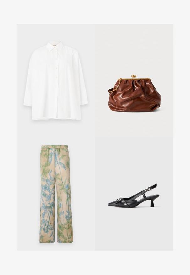Witte button-up blouse met een klassieke kraag, lange mouwen en een relaxte pasvorm. Glad katoenen stof zonder zichtbare patronen of accenten.; Relaxed-fit, lichte broeken in beige met groene en blauwe palmbladprints, met een elastische tailleband en wijde pijpen.; Zwarte leren slingback schoen met een puntige neus, decoratieve banden met metalen oogjes en een lage blokhak. Textuur oppervlak.; Bruine leren clutch met een gouden sluiting en een korte gouden schakelhandle, met een zachte, geplooide textuur op een witte achtergrond.