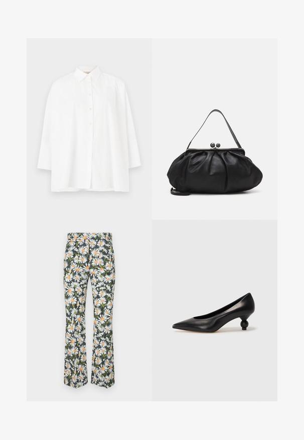 White button-up shirt with a classic collar, long sleeves, and a relaxed fit. Smooth cotton fabric with no visible patterns or accents.; Flared trousers in a floral pattern featuring white daisies with orange centers on a dark background. Made from lightweight fabric.; Black leather high heel shoe with a pointed toe and a round, balled heel. Smooth texture with a sleek, minimal design.; Black leather handbag with a rounded, pleated design. Features a metallic clasp with two decorative balls and a slim, detachable strap.