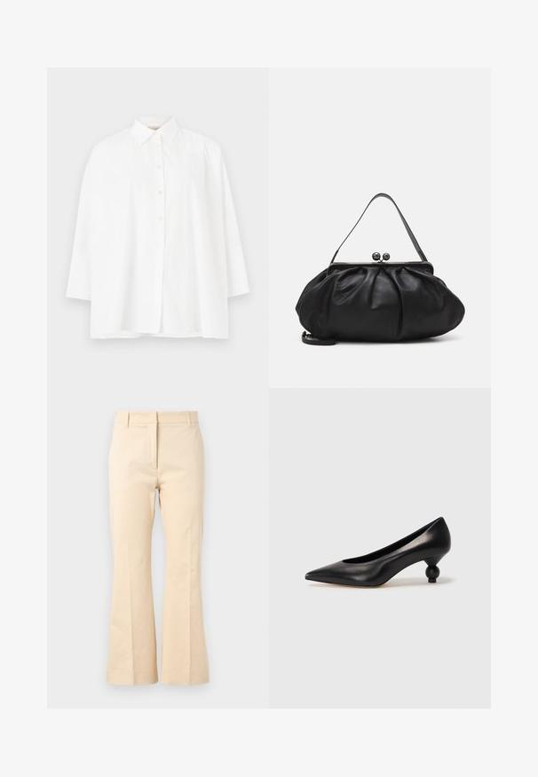 White button-up shirt with a classic collar, long sleeves, and a relaxed fit. Smooth cotton fabric with no visible patterns or accents.; Beige flared trousers made of cotton. Features a smooth texture, straight waistband, and front crease for a tailored look.; Black leather high heel shoe with a pointed toe and a round, balled heel. Smooth texture with a sleek, minimal design.; Black leather handbag with a rounded, pleated design. Features a metallic clasp with two decorative balls and a slim, detachable strap.