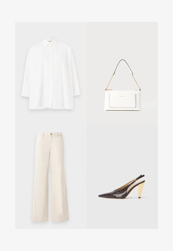 Balta marškiniai su klasikinio tipo apykakle, ilgomis rankovėmis ir laisvu siluetu. Lygus medvilnės audinys be matomų raštų ar akcentų.; Kreminės plačios kelnės, pagamintos iš medvilnės, su lygiu paviršiumi. Yra sagos uždarymas, priekinės kišenės ir klasikinio juosmens dizainas.; Ilgas pirštas slingback kulnas tamsiai rudos spalvos blizgios dirbtinės krokodilo odos. Savybė – aukso spalvos geometrinės formos kulnas ir reguliuojama kulkšnies juosta.; Balta odinė rankinė su tekstūruotu paviršiumi, turinti auksinį grandinėlės dirželį ir juodas detales. Įskaičiuota priekinė kišenė ir užtrauktuko uždarymas.