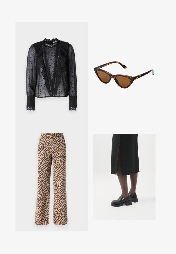 Svart bluse med lange ermer, laget av gjennomsiktig stoff, med volanger langs fronten og blonder detaljer på kragen og mansjettene.; Bredde bukser med tigerstripe-mønster i nyanser av brun og svart, med standard midje og fem lommer.; Sorte lærersko med rund tå, tykk blokkheel og elastiske sideaksenter, sammen med mørke strømpebukser og et svart skjørt med splitt.; Kattøye solbriller med en svart og oransje skjellramme, brune linser og elegante, spisse tupper. Har en minimalistisk logo på stangen.