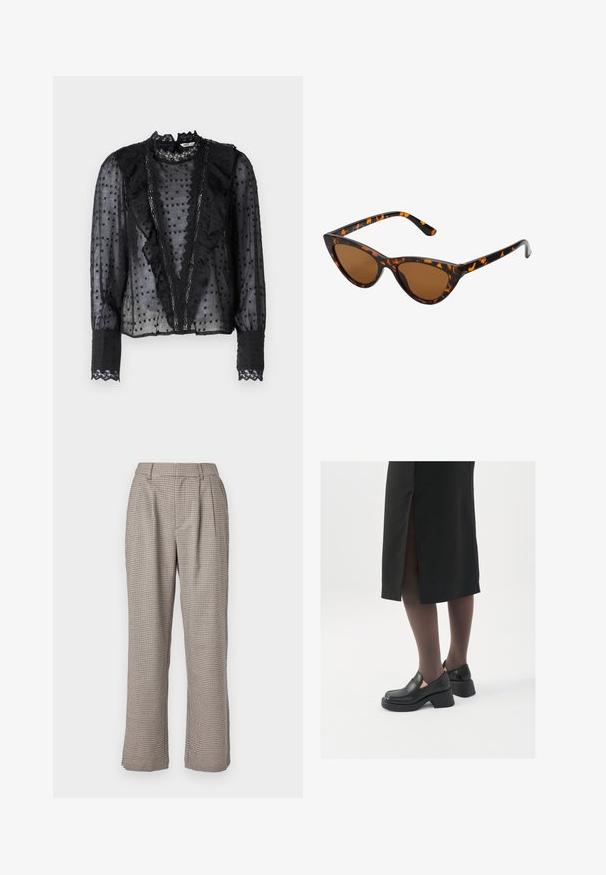 Black blouse with long sleeves, made from sheer fabric, featuring ruffles along the front and lace accents on the collar and cuffs.; Checkered high-waisted trousers in beige and black, featuring a relaxed fit, pleats, and side pockets. Smooth texture and wide legs.; Black leather shoes with a rounded toe, thick block heel, and elastic side accents, paired with dark tights and a black skirt with a slit.; Cat-eye sunglasses with a black and orange tortoiseshell frame, brown lenses, and sleek, pointed tips. Features a minimal logo on the temple.