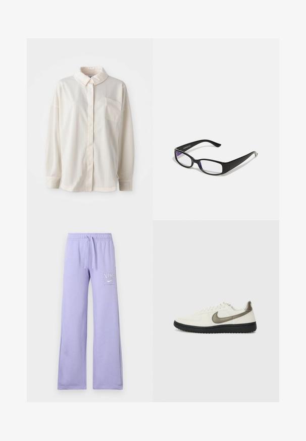 Λευκό πουκάμισο με κολάρο και κουμπιά, με κάθετες ρίγες, μακριά μανίκια, μία θήκη στο στήθος, κατασκευασμένο από λεία ύφασμα με απαλή υφή.; Μωβ φόρμες από μαλακό ύφασμα, με κορδόνι στη μέση και λευκό λογότυπο Nike στο αριστερό πόδι. Φαρδιά σχεδίαση στους μανικιών.; Nike Sportswear FIELD GENERAL - Αθλητικά παπούτσια - off-white/black; Μαύρα ορθογώνια γυαλιά με διάφανους φακούς. Γυαλιστερή επιφάνεια, στενοί βραχίονες και μοβ απόχρωση ορατή στις άκρες των φακών.