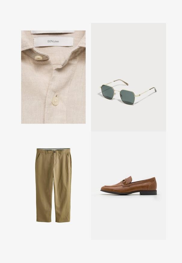 Chemise en lin beige avec une texture douce, un col et deux boutons en plastique crémeux. L'étiquette d'entretien indique "100 % lin".; Chinos kaki en mélange de coton, dotés de deux poches latérales, d'une fermeture à bouton, de jambes droites et d'une texture lisse.; Mocassins en cuir marron avec un talon plat, ornés d'un accent métallique décoratif à l'avant, au design épuré et à la texture lisse.; Lunettes de soleil avec une monture en métal doré, des verres rectangulaires verts, des branches fines et un motif texturé subtil sur les montures.