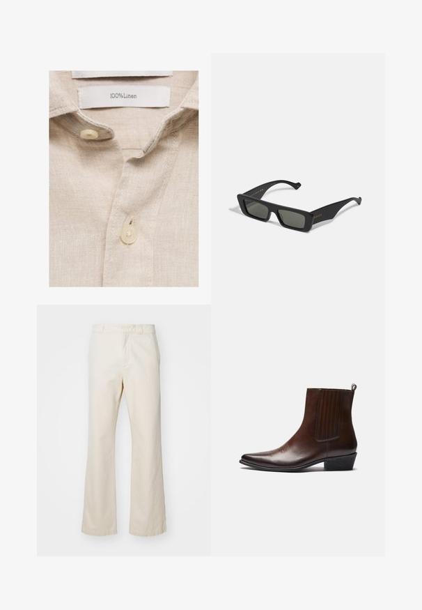 Béžová ľanová košeľa s jemnou textúrou, golierom a dvoma gombíkmi vyrobenými z krémoplastu. Na štítku sa píše "100 % ľan."; Bežové bavlnené nohavice so strihom rovného legu, s predným zipsom a zapínaním na gombík, hladkou textúrou a minimalistickým dizajnom.; Hnedá kožená kotníková obuv s špicatou špičkou, elastickými bočnými panelmi, textúrovaným detailom na prednej strane a nízkym vrstveným podpätkom.; Čierne obdĺžnikové slnečné okuliare s tmavými sklami, vyrobené z hladkého plastu. Majú zlaté písmená na boku, elegantné ramená a moderný dizajn.