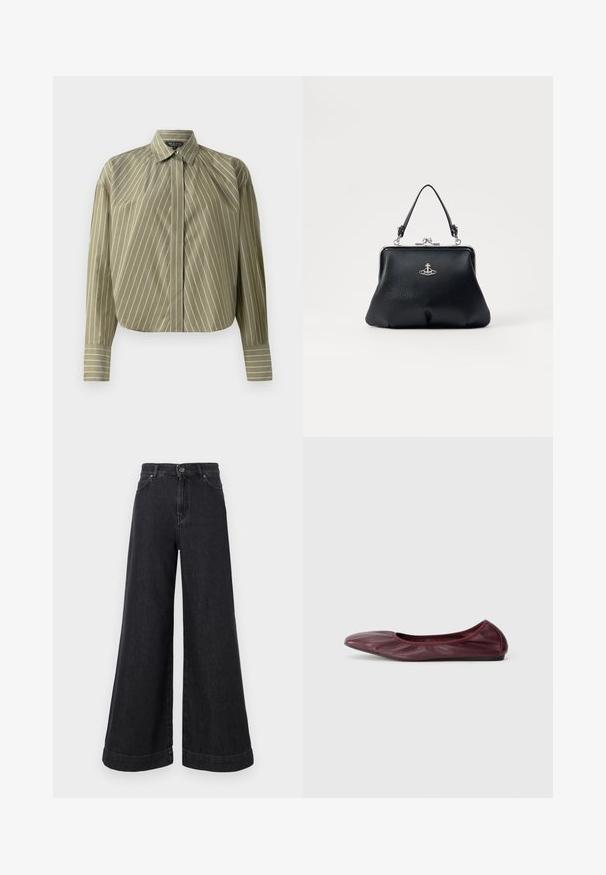 Olivengrønn langermet skjorte med hvite vertikale striper, med knappestolpe foran, klassisk krage og en litt cropped nederkant.; Vide ben svarte denimbukser med høy midje, store lommer og en fremtredende kant, med en klassisk knapp- og glidelåslukking.; Balletsko i dyp burgunder lær, med avrundet tå, elastisk kant og glatt tekstur med subtile folder.; Svart skinnhåndveske med teksturert overflate, sølvfarget hardware, låsestengning og kort håndtak for bæring. Kompakt og strukturert design.