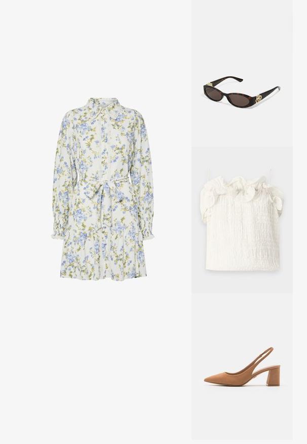 Hofmann Copenhagen EXCLUSIVE GENEVIVE - Top - off white; Květinové šaty v bílé barvě s modrými a zelenými květinami, s límečkem, zapínáním na knoflíky, dlouhými rukávy se staženými manžetami a páskem v oblasti pasu.; ALDO ULIANA - Klasické lodičky - other brown; Brýle sluneční s kočičím vzorem, prodloužené oválné čočky, hnědý odstín, zlaté logo na spáncích a elegantní černé nožičky.; Bílá květinová kabelka s nabraným textilním povrchem, řetízkovým popruhem ve zlatém tónu a kovovým zámkem. Disponuje texturovanými okvětními lístky pro větší detail.; Náhrdelník z perel a krystalů s kulatým, korálkovým designem v jemných odstínech, který obsahuje střídající se perly a třpytivé akcenty, nošený kolem krku.