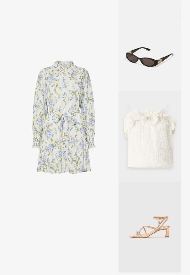 Hofmann Copenhagen EXCLUSIVE GENEVIVE - Tops - off white; Ziedu kleita baltā krāsā ar ziliem un zaļiem ziediem, ar apkakli, pogu aizdari priekšā, garām piedurknēm ar elastīgām aprocēm un jostas saišu.; Atvērtu pirkstu augstpapēžu sandales metāliski zelta krāsā, ar krustveida siksnām, kas rotātas ar mirdzošiem akcents, un bloku papēdi. Regulējama potītes siksna.; Tīģerbrūnā sauļošanās brillēm ar izstieptām ovālām lēcām, brūnu tonējumu, zeltītiem logotipa akcentiem uz tempļiem un plānām melnām kājām.; Balta ziedu somiņa ar savelktu auduma virsmu, zeltīta toņa ķēdes siksna un metāla sprādze. Iekļautas teksturētas ziedlapiņas papildus detaļām.