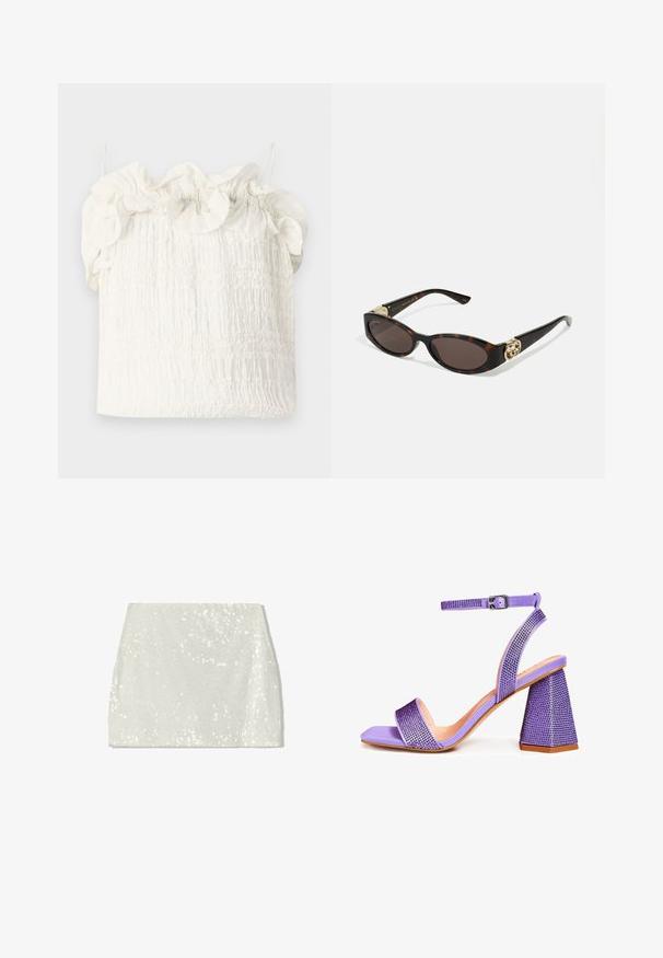 Hofmann Copenhagen EXCLUSIVE GENEVIVE - Top - off white; Bershka Gonna a campana - white; Sandali con tacco alto viola, con punta quadrata testurizzata, decorati con strass e dotati di cinturino alla caviglia con fibbia e tacco geometrico.; Occhiali da sole tartarugati con lenti ovali allungate, tonalità marrone, accenti dorati con logo sulle tempie e aste nere eleganti.; Borsa a mano floreale bianca con superficie in tessuto arricciato, tracolla in catena dorata e chiusura in metallo. Presenta petali testurizzati per un tocco di dettaglio in più.