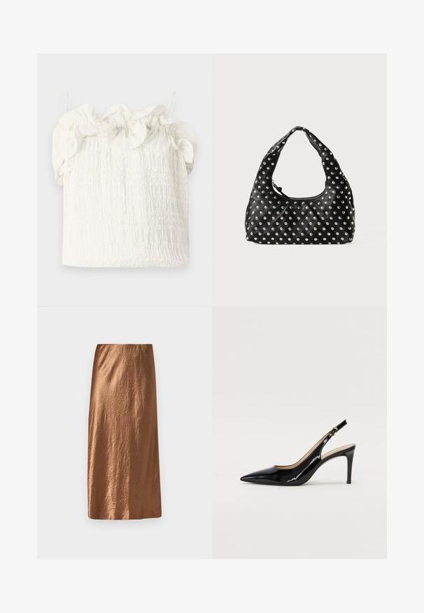 Hofmann Copenhagen EXCLUSIVE GENEVIVE - Top - off white; Brun midi-nederdel lavet af tekstureret, skinnende stof med en glat talje. Har en lige pasform med en subtil krøllet finish.; Sort patenteret læder slingback stiletto med spids tå, slank hæl og et subtilt udskæringsdesign. Har en gylden spænde på remmen.; Sort læderhåndtaske med et buet håndtag, udført med et mønster af metalnitter jævnt fordelt over overfladen. Lynlåslukning.