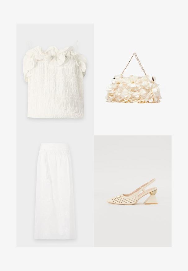 Hofmann Copenhagen EXCLUSIVE GENEVIVE - Top - off white; White maxi skirt featuring an elastic waistband, subtle floral embroidery, and a flowing design. Made of lightweight fabric.; Beige slingback shoe with perforated upper, pointed toe, and a contrasting triangular heel featuring a gold accent. Smooth texture overall.; White floral handbag with a gathered fabric surface, gold-tone chain strap, and metal clasp. Features textured petals for added detail.; Gold spiral pendant necklace on a fine chain, paired with white and cream textured bracelets, worn with a light grey garment.