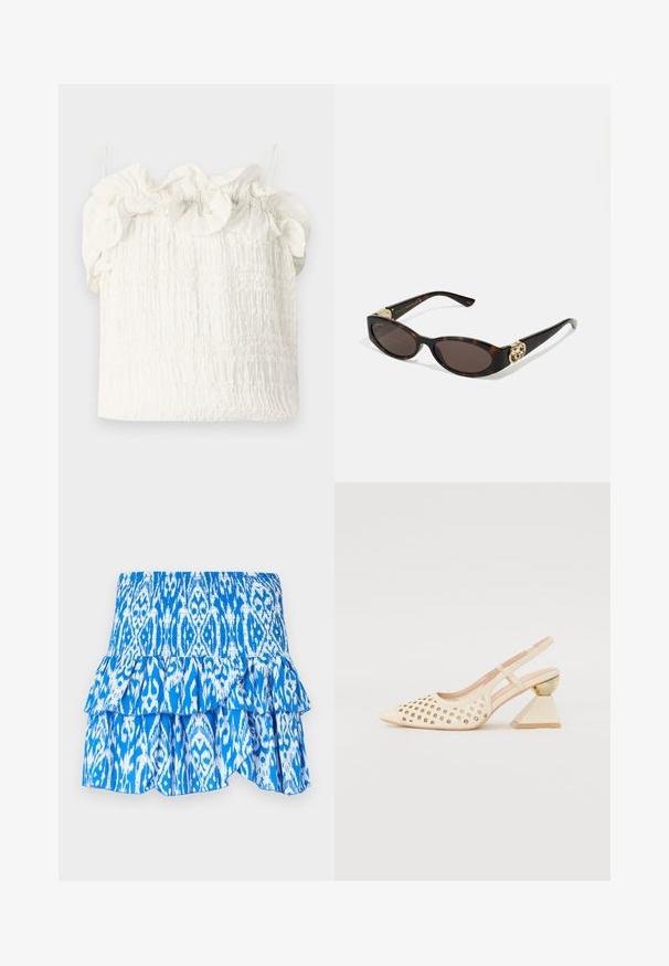 Hofmann Copenhagen EXCLUSIVE GENEVIVE - Débardeur - off white; Jupe à motifs bleus et blancs avec une taille smockée, un ourlet à volants superposés et un tissu léger. Présente un design de style ikat.; Chaussure slingback beige avec tige perforée, bout pointu et un talon triangulaire contrastant avec une touche dorée. Texture lisse dans l'ensemble.; Lunettes de soleil en écaille, avec des verres ovales allongés, teinte marron, accents de logo doré sur les branches et montures noires élégantes.; Sac à main floral blanc avec une surface en tissu froncé, une chaîne en métal doré et un fermoir en métal. Présente des pétales texturés pour plus de détail.