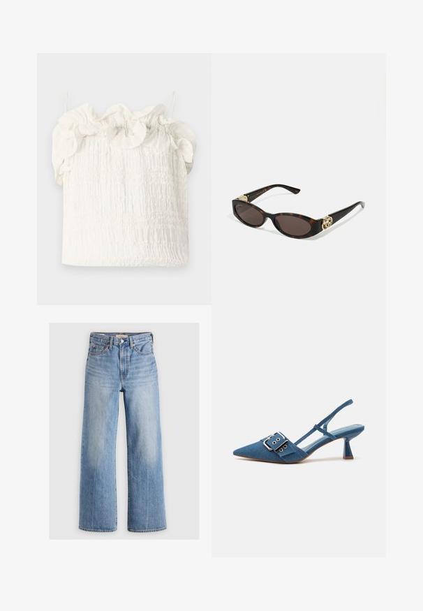 Hofmann Copenhagen EXCLUSIVE GENEVIVE - Top - off white; Svetlo modre široke kavbojke z visokim pasom, zbledelimi predeli, petimi žepi in kontrastnim šivanjem. Klasično zapiranje z gumbom in zadrgo.; Jeans slingback čevlji z ostro konico, nastavljivim pasom z zaponko in sijočimi modrimi petami. Gladka tekstura z rahlo modrim vložkom.; Kornjačaste sunčane naočale s izduženim ovalnim lećama, smeškim tonovima, zlatnim logotipom na drškama i elegantnim crnim rukohvatima.; Bela cvetlična torbica z nabranim tekstilom, zlato obarvana veriga za nošenje in kovinski ključ. Ima strukturirane cvetne liste za dodano podrobnost.