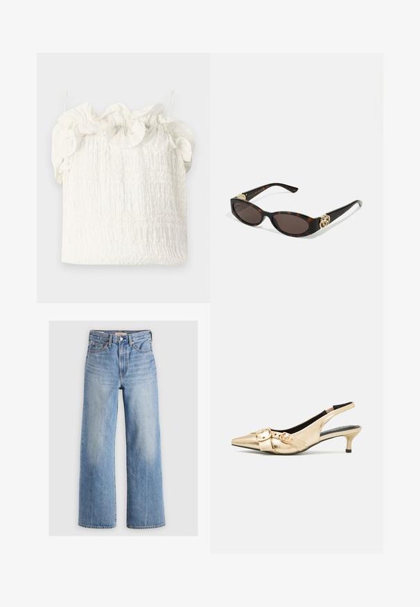 Hofmann Copenhagen EXCLUSIVE GENEVIVE - Top - off white; Light blue denim wide-leg jeans with a high waist, faded areas, five pockets, and contrast stitching. Classic button and zipper closure.; Gold leather slingback heels with pointed toe, small kitten heel, and two buckle accents on the vamp. Smooth texture, sleek design.; Tortoiseshell sunglasses with elongated oval lenses, brown tint, gold logo accents on temples, and sleek black arms.; White floral handbag with a gathered fabric surface, gold-tone chain strap, and metal clasp. Features textured petals for added detail.