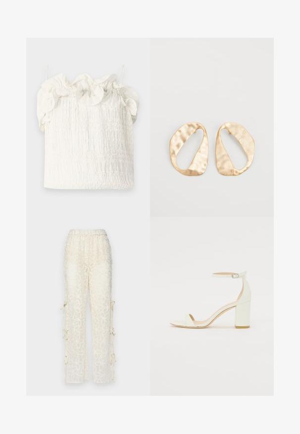 Hofmann Copenhagen EXCLUSIVE GENEVIVE - Top - off white; Krémové čipkové nohavice s elastickým pásom, zdobené kvetinovými vzormi a viazankami po bokoch pre nastaviteľné prispôsobenie.; Biele kožené sandále na blokovom podpätku s remienkom okolo členku a minimalistickým dizajnom. Otvorená špička a hladké textúry po celom povrchu.; Pár nepravidelných oválnych zlatistých kovových náušníc s textúrovaným, mierne rozbitým povrchom na bielom pozadí.