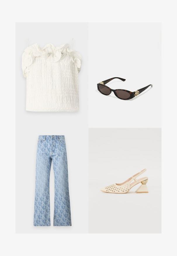 Hofmann Copenhagen EXCLUSIVE GENEVIVE - Top - off white; Lichtblauwe denim jeans met wijde pijpen, gekenmerkt door een algehele patroon van in elkaar verstrengelde letters in een iets donkerdere tint. Tijdloos vijf-pocket ontwerp.; Beige slingback schoen met geperforeerde bovenkant, puntige neus en een contrasterende driehoekige hak met een gouden accent. Over het algemeen een gladde textuur.; Schildpadbril met langwerpige ovale lenzen, bruine tint, gouden logo-accenten op de pootjes en slanke zwarte armen.; Witte bloemenhandtas met een gatherend stoffen oppervlak, gouden kettingriem en metalen sluiting. Heeft textuur op de bloemblaadjes voor extra detail.