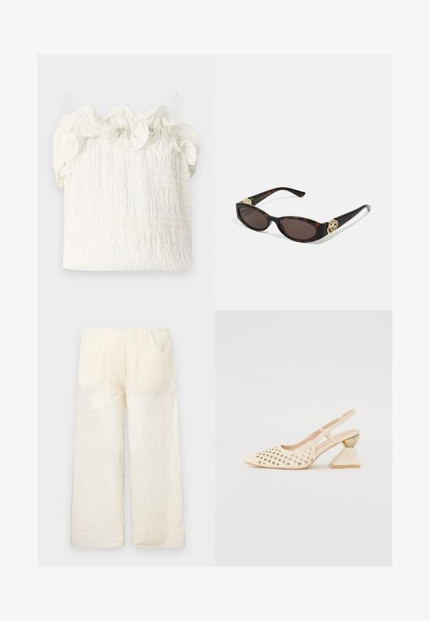 Hofmann Copenhagen EXCLUSIVE GENEVIVE - Top - off white; Lightweight, cream-colored wide-leg pants with a textured grid pattern and two side pockets, featuring a relaxed fit and soft fabric.; Beige slingback shoe with perforated upper, pointed toe, and a contrasting triangular heel featuring a gold accent. Smooth texture overall.; Tortoiseshell sunglasses with elongated oval lenses, brown tint, gold logo accents on temples, and sleek black arms.; White floral handbag with a gathered fabric surface, gold-tone chain strap, and metal clasp. Features textured petals for added detail.