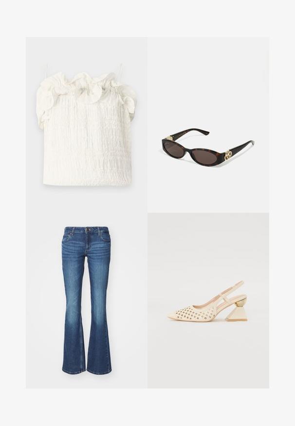 Hofmann Copenhagen EXCLUSIVE GENEVIVE - Top - off white; Flared jeans in medium blue denim. Features a zip fly with a metal button, two front pockets, and fading details near the knees.; Beige slingback shoe with perforated upper, pointed toe, and a contrasting triangular heel featuring a gold accent. Smooth texture overall.; Tortoiseshell sunglasses with elongated oval lenses, brown tint, gold logo accents on temples, and sleek black arms.; White floral handbag with a gathered fabric surface, gold-tone chain strap, and metal clasp. Features textured petals for added detail.
