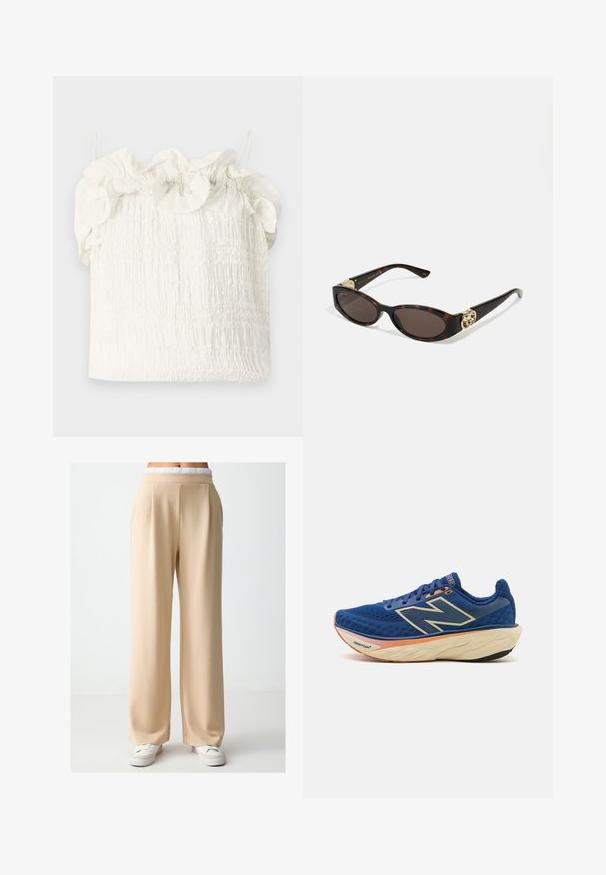 Hofmann Copenhagen GENEVIVE mleczny; Beżowe, szerokie spodnie wykonane z gładkiego materiału o luźnym kroju. Posiadają miękką, elastyczną talię i delikatne fałdy z przodu.; Niebieski but biegowy z oddychającą siateczkową cholewką, wyściełanym kołnierzem i amortyzowaną podeszwą z pomarańczowym akcentem. Widoczne logo "Fresh Foam".; Słoneczne okulary w kolorze żółwi z wydłużonymi owalnymi soczewkami, brązowym odcieniem, złotymi akcentami logo na zausznikach oraz smukłymi czarnymi ramionami.; Biała torebka kwiatowa z marszczoną powierzchnią z tkaniny, złotą łańcuszkową rączką i metalowym zapięciem. Posiada teksturowane płatki jako dodatkowy detal.