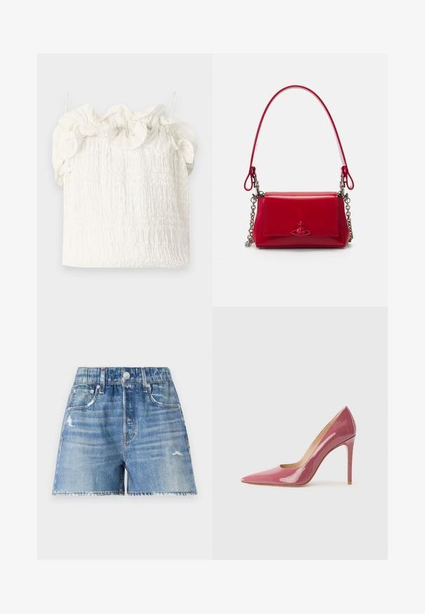 Hofmann Copenhagen EXCLUSIVE GENEVIVE - Top - off white; Denim shorts in light blue wash with distressed detail, five pockets, and frayed hem. Features a button closure and belt loops.; Pink patent leather high-heeled pump with a pointed toe and sleek silhouette, featuring a cut-out detail and a stiletto heel.; Red patent leather handbag with silver chain accents, a short handle, and a decorative emblem on the front. Compact rectangular shape.