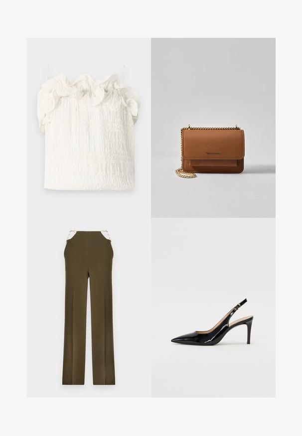 Hofmann Copenhagen EXCLUSIVE GENEVIVE - Topp - off white; Oliivroheline lai säärtega püksid, mis on valmistatud siledast kangast ja millel on kuldsed ketist aksessuaarid vöökohtadel. Sirge lõige puhta viimistlusega.; Must hõbedavärvi patendiga slingback kontsakingad terava varbaga, kitsas konts ja peene lõikega disain. Statistika on kuldne pandla rihmal.; Pruun tekstureeritud nahk ristkeha kott kuldse ahelaga rihmaga ja klapiga sulgemine. Esiküljel on logo detail ja tasku klapi all.