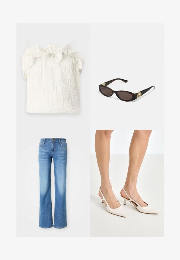 Hofmann Copenhagen EXCLUSIVE GENEVIVE - Top - off white; Jeans din denim albastru deschis, cu un croi drept, cinci buzunare și o închidere clasică cu buton și o etichetă de marcă pe talie.; Cizme slingback din piele vopsită bej, cu vârf ascuțit și toc de 5 cm, având laterale decupate și o curea subțire la gleznă.; Ochelari de soare din țiglă cu lentile ovale alungite, nuanță maro, accente cu logo auriu pe brațele laterale și brațe negre elegante.; Geantă albă cu flori, cu o suprafață din material adunat, bretea din lanț cu aspect auriu și închidere metalică. Prezintă petale texturate pentru un plus de detaliu.