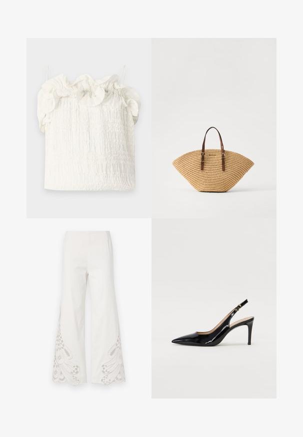 Hofmann Copenhagen EXCLUSIVE GENEVIVE - Felső - off white; Fehér szövetből készült bőszárú nadrág, amelyet bonyolult bézs hímzési minták díszítenek, az alsó szegélyek pedig fodrosak.; Fekete lakk bőr kötött magassarkú cipő, hegyes orral és karcsú sarokkal, finom kivágásos dizájnnal. Az övön arany csatt található.; Szalmaszatyor, amely fan alakú, barna bőr fogantyúkkal és textúrált szövettel. Természetes barna színben, sima felülettel és minimális díszítéssel.