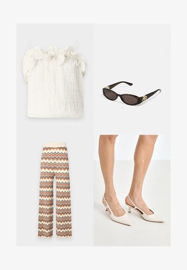 Hofmann Copenhagen EXCLUSIVE GENEVIVE - Top - off white; Malina DITTE PANTS - Broek - multi-coloured; Beige gepatineerde leren slingback hakken met een spitze neus en een hak van 5 cm, met uitsparingen aan de zijkanten en een dunne enkelband.; Schildpadbril met langwerpige ovale lenzen, bruine tint, gouden logo-accenten op de pootjes en slanke zwarte armen.; Witte bloemenhandtas met een gatherend stoffen oppervlak, gouden kettingriem en metalen sluiting. Heeft textuur op de bloemblaadjes voor extra detail.