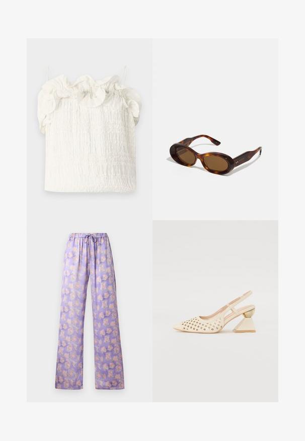 Hofmann Copenhagen EXCLUSIVE GENEVIVE - Topper - off white; Lyse lilla blomstrete bukser med elastisk livlinje og snor. Har et mykt stoff, vid ben-design og et mønster av rosa og grønne blomster.; Beige slingback sko med perforert overdel, spiss tå og en kontrasterende trekantet hæl med gullakksent. Generelt glatt tekstur.; Skilpaddeskall solbriller med ovale linser, brun nyanse og gullakenter på armene. Tykk ramme med blank finish og jevn tekstur.; Hvit blomsterhåndveske med en samlet stoffoverflate, gullfarget kjedehank og metallklips. Har teksturerte kronblader for ekstra detalj.