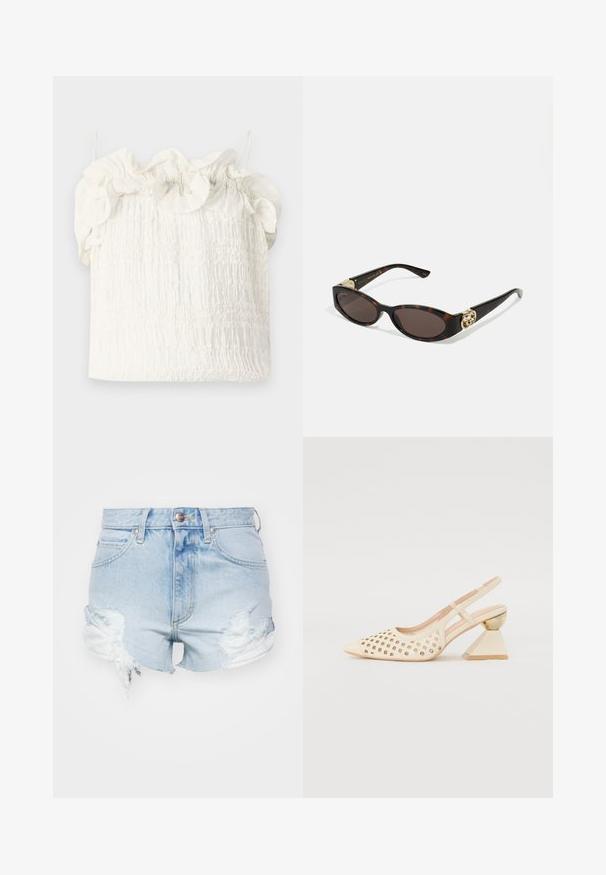 Hofmann Copenhagen EXCLUSIVE GENEVIVE - Tops - off white; Lee RIDER - Džinsa auduma šorti - bubbled over; Beige siksnīšu kurpes ar perforētu augšējo daļu, smailu purngalu un kontrastējošu trīsstūra papēdi, kas rotāta ar zeltu. Kopumā gluda tekstūra.; Tīģerbrūnā sauļošanās brillēm ar izstieptām ovālām lēcām, brūnu tonējumu, zeltītiem logotipa akcentiem uz tempļiem un plānām melnām kājām.; Balta ziedu somiņa ar savelktu auduma virsmu, zeltīta toņa ķēdes siksna un metāla sprādze. Iekļautas teksturētas ziedlapiņas papildus detaļām.