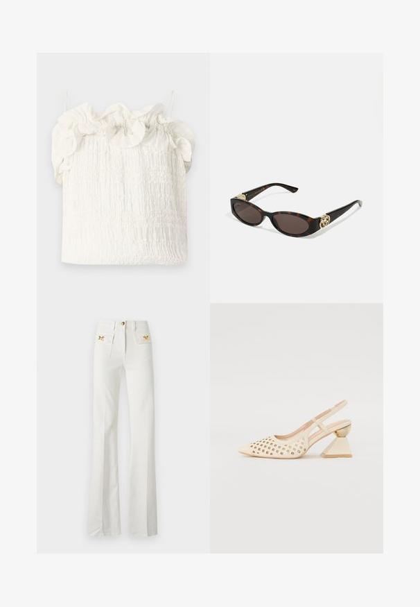 Hofmann Copenhagen EXCLUSIVE GENEVIVE - Top - off white; Vaqueros blancos acampanados de algodón. Presenta dos bolsillos frontales con adornos de lazo dorado. Terminados con un cierre de cremallera y botón.; Zapato slingback beige con parte superior perforada, punta afilada y un tacón triangular en contraste que presenta un acento dorado. Textura lisa en general.; Gafas de sol carey con lentes ovalados alargados, tintado marrón, acentos de logo dorado en las patillas y brazos negros elegantes.; Bolso floral blanco con superficie de tela fruncida, correa de cadena en tono dorado y cierre de metal. Presenta pétalos texturizados para un detalle adicional.