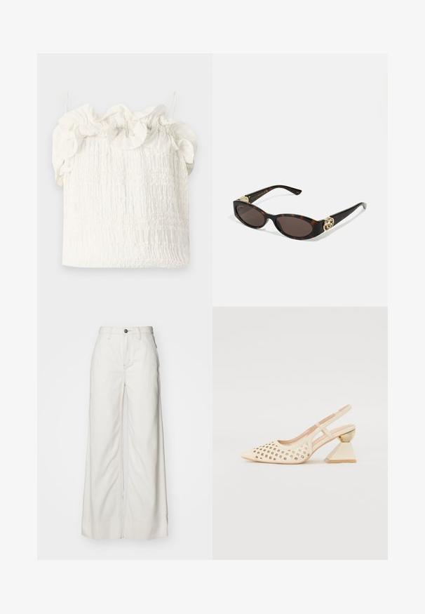 Hofmann Copenhagen EXCLUSIVE GENEVIVE - Viršus - off white; Balti plačiakelniai džinsai, pagaminti iš džinsinio audinio, su aukštu liemeniu, su priekiu užtraukiamu mygtuku ir švariu, tiesiu kirpimu, be raštų.; Bežinės slingback bateliai su perforuotu viršumi, smailiu nosiu ir kontrastinga trikampio formos pakulne, papuošta aukso akcentu. Apskritai sklandus paviršius.; Tortoise kiaurinių saulės akinių su pailgomis ovalo formos lęšiais, rudos spalvos atspalviu, auksinėmis logotipo detalėmis ant šakelių ir elegantiškais juodais rankenėlėmis.; Balta gėlių rankinė su susiraukšlėjusia audinio paviršiumi, auksinės spalvos grandinėlės dirželiu ir metaliniu uždarymu. Papuošta tekstūruotomis žiedlapėmis, pridėjančiomis detalių.