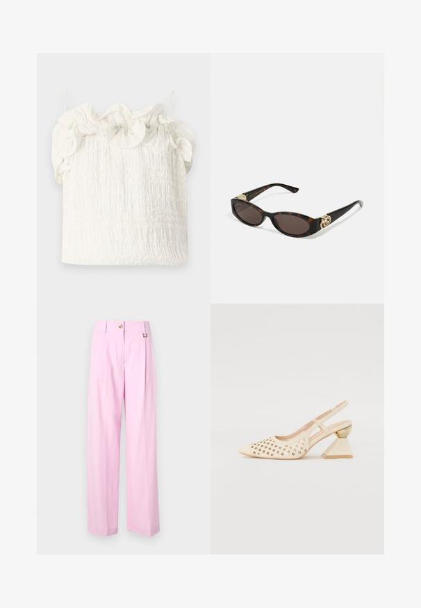 Hofmann Copenhagen EXCLUSIVE GENEVIVE - Top - off white; Světle růžové široké kalhoty s předními sklady, zapínáním na knoflík a kovovým háčkovým detailem. Hladká textura a minimalistický design.; Krémové nazouvací boty s perforovaným svrškem, špičatou špičkou a kontrastním trojúhelníkovým podpatkem s zlatým akcentem. Celkově hladký povrch.; Brýle sluneční s kočičím vzorem, prodloužené oválné čočky, hnědý odstín, zlaté logo na spáncích a elegantní černé nožičky.; Bílá květinová kabelka s nabraným textilním povrchem, řetízkovým popruhem ve zlatém tónu a kovovým zámkem. Disponuje texturovanými okvětními lístky pro větší detail.; Lauren Ralph Lauren COLLAR - Náhrdelník - gold-coloured/white