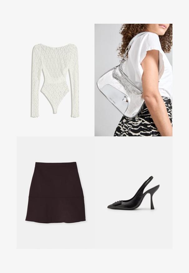 Bijela čipkana bodi s dugim rukavima, koji sadrži tkanu uzorak i nisku leđa, sužava se do visokog otvora za noge.; Tamno ljubičasta suknja do koljena s glatkom teksturom, koja ima uski struk i lepršavi rub. Šavovi su preko srednjeg dijela.; Crna kožna slingback cipela s uskim vrhom, vitkim visokom petom i dekorativnom mašnom. Glatka tekstura i elegantan dizajn.; Srebro-metalna torba za rame s glatkom teksturom, zakrivljenim dizajnom, lancem za nošenje i sjajnom prednjom pločom s suptilnim graviranim logom.