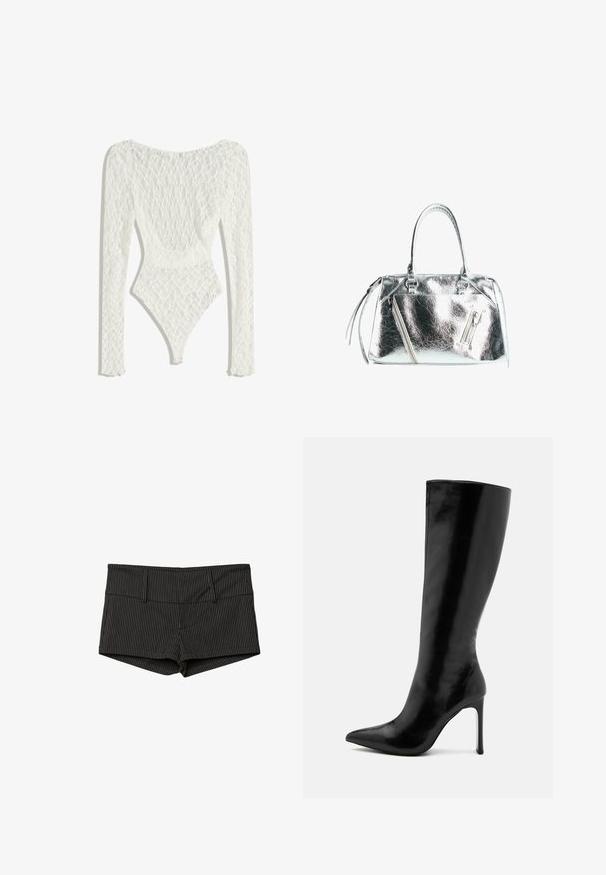 Biele čipkované bodysuit s dlhými rukávmi, so tkaným vzorom a nízkym dizajnom na chrbte, zúžené na vysokom vystrihnutí nohavíc.; Čierne tričko s odhalenými ramenami a krátkymi rukávmi, s bielym logom Adidas a tromi bielymi pruhmi pozdĺž ramien. Hladká textura látky.; Čierne a šedé pruhované šortky s priliehavým strihom, so plochým pásom, dvoma prednými vreckami a lemom, ktorý končí v polovičke stehien.; Čierne vysoké čižmy z lesklej kože, s úzkou špičkou a štíhlým stiletto podpätkom. Hladká textúra s minimalistickým dizajnom.; Metalická strieborná kabelka so štruktúrovaným tvarom, dvoma hornými držadlami a zipsovými vreckami vpredu. Hladký a lesklý povrch.