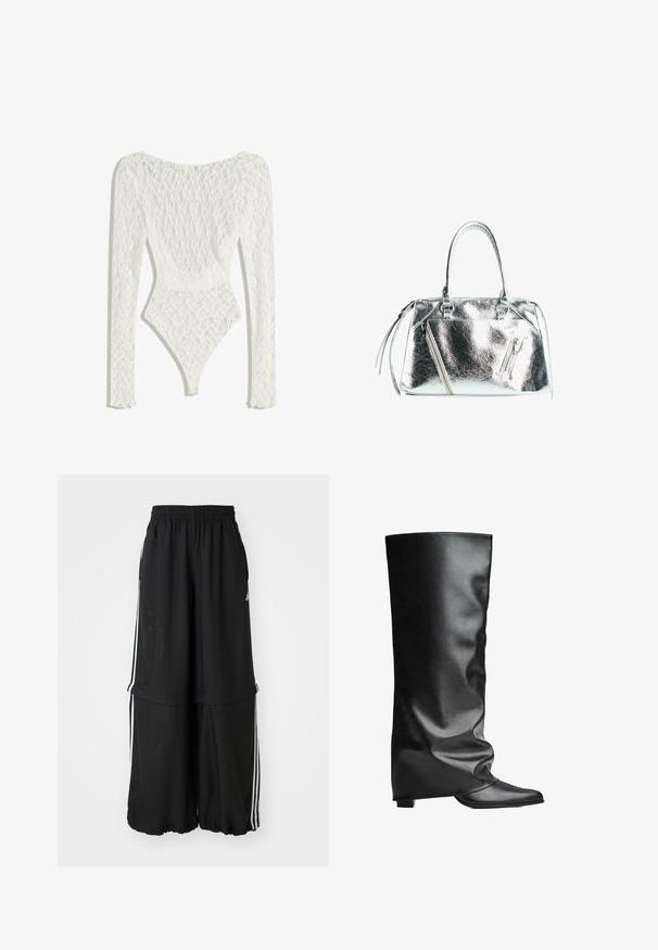 Biały koronkowy body z długim rękawem, z tkanym wzorem i niskim dekoltem z tyłu, zwężający się do wysokiego wycięcia nogawek.; Czarny t-shirt typu off-shoulder z krótkim rękawem, z białym logo Adidas oraz trzema białymi paskami na ramionach. Gładka tekstura materiału.; Czarne spodnie sportowe z elastycznym pasem, bocznymi paskami i luźnym krojem z zebranym dołem dla swobodnego, luźnego wyglądu.; Czarne skórzane kozaki do kolan o gładkiej fakturze, luźnym kroju, spiczastym nosku i niskim kwadratowym obcasie. Minimalistyczny styl bez widocznych elementów metalowych.; Metaliczna srebrna torba o sztywnym kształcie, z dwoma uchwytami na górze i kieszeniami zapinanymi na zamek z przodu. Gładka, błyszcząca tekstura.