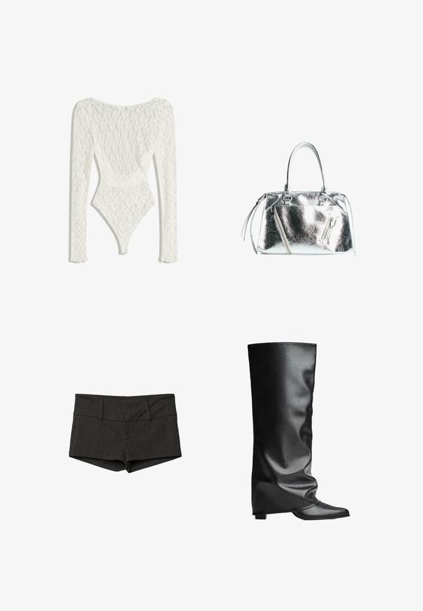 Bílý krajkový body s dlouhými rukávy, vystupující s tkaným vzorem a nízkým designem na zádech, úzký ke vysokému vykrojení na nohou.; Černé tričko s odhalenými rameny a krátkými rukávy, se bílým logem Adidas a třemi bílými pruhy na ramenech. Hladká textilie.; Černé a šedé pruhované šortky s přiléhavým střihem, které mají plochý pas, dvě přední kapsy a zakončení, které sahá do poloviny stehna.; Černé kožené vysoké boty na kolena s hladkým povrchem, uvolněným designem, špičatou špičkou a nízkým čtvercovým podpatkem. Minimalistický styl bez viditelné kovové aplice.; Metalická stříbrná kabelka se strukturovaným tvarem, dvěma horními uchy a zipovými kapsami na přední straně. Hladký, lesklý povrch.