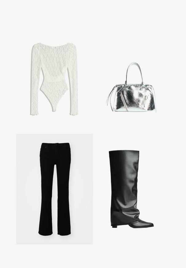 Vitt spets bodysuit med långa ärmar, med ett vävt mönster och en låg ryggdesign som smalnar av till en högskuren benöppning.; Svart off-shoulder T-shirt med korta ärmar, med vit Adidas-logga och tre vita ränder längs axlarna. Slät tygkvalitet.; Svarta utsvängda jeans i denim, med midjehöjd, fem fickor och diskreta sömnadsdetaljer på bakfickorna.; Svarta läderstövlar som når knäna med en slät yta, en avslappnad design, spetsig tå och en låg kvadratisk klack. Minimalistisk stil utan synlig hårdvara.; Metallisk silverfärgad handväska med en strukturerad form, två handtag upptill och blixtlåsfickor fram. Slät, glänsande yta.