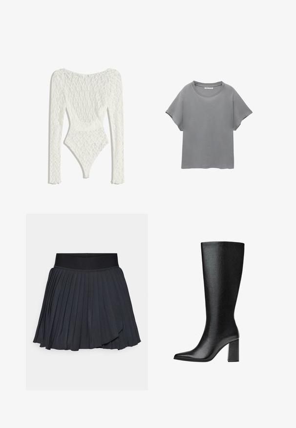 Witte kanten bodysuit met lange mouwen, featuring een geweven patroon en een laag rugontwerp, taps toelopend naar een hoge beenopening.; PULL&BEAR SHORT SLEEVE - T-shirt print - grey; Zwarte geplooide rok met een brede elastische tailleband, gemaakt van een gladde stof met een subtiele glans, knie-lang met gelaagd ontwerp.; Zwarte laars tot de knie van faux leer met een spitse neus, een gladde textuur en een chunky blokhak. Minimalistisch ontwerp zonder zichtbare accenten.