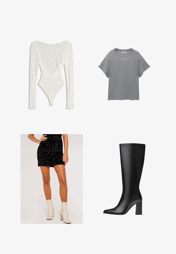 Weißes Spitzen-Bodysuit mit langen Ärmeln, das ein gewebtes Muster und ein tiefes Rückendesign aufweist, das bis zur hohen Beinausschnitt formt.; PULL&BEAR SHORT SLEEVE - T-Shirt print - grey; Schwarzer Pailletten-Minirock, figurbetontes Design mit glatter Textur. Kombiniert mit cremefarbenen Ankle Boots mit Reißverschluss und Blockabsatz.; Schwarze kniehohe Stiefel aus Kunstleder mit spitzer Zehe, glatter Oberfläche und blockartigem Absatz. Minimalistisches Design ohne sichtbare Akzente.