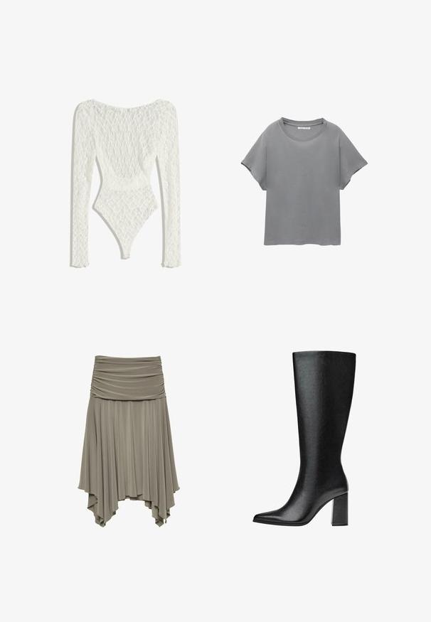 Bijela čipkana bodi s dugim rukavima, koji sadrži tkanu uzorak i nisku leđa, sužava se do visokog otvora za noge.; PULL&BEAR SHORT SLEEVE - Majica kratkih rukava s printom - grey; Nabrani, asimetrična suknja od mekog sivog materijala. Ima prikupljenu struk i lepršavi, drapirani rub s jedinstvenim oblikom.; Crne čizme do koljena napravljene od umjetne kože s šiljastim vrhom, glatkom teksturom i debelom blok petom. Minimalistički dizajn bez vidljivih akcenata.
