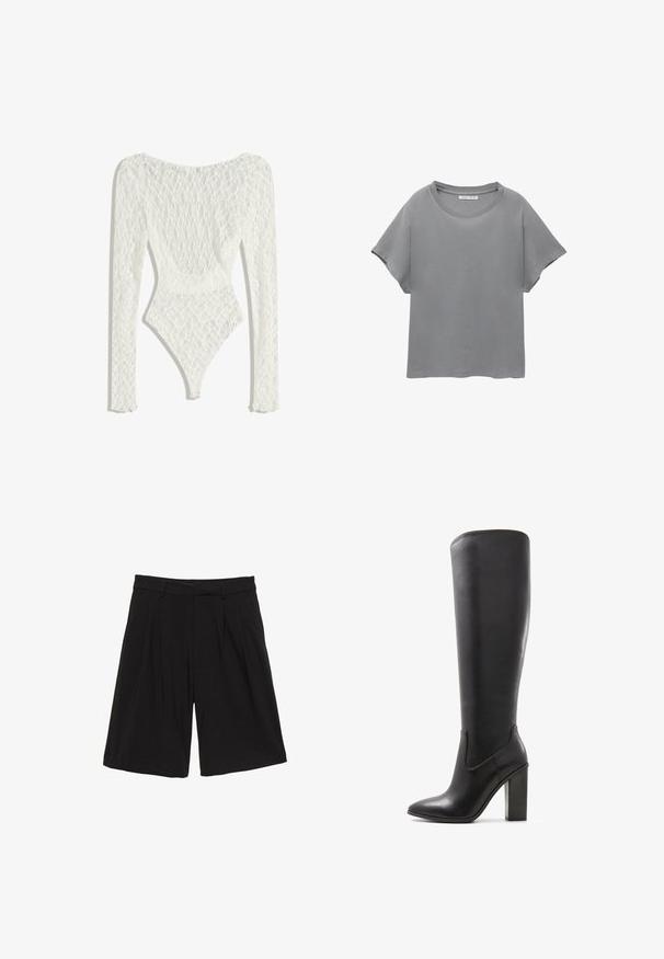 Body in pizzo bianco con maniche lunghe, caratterizzato da un motivo tessuto e un design della schiena bassa, che si stringe in un'apertura a gamba alta.; PULL&BEAR SHORT SLEEVE - T-shirt con stampa - grey; Pantaloni corti neri dal design raffinato, con pince frontali, passanti per cintura e gamba dritta che si estende fino al ginocchio.; ALDO PILLOW WALK PULL ON GLAJAR - Stivali con i tacchi - black