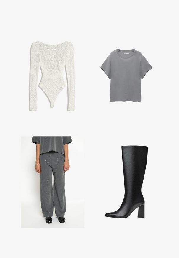 Body en dentelle blanche à manches longues, présentant un motif tissé et un dos décolleté, se resserrant vers une ouverture de jambe haute.; PULL&BEAR SHORT SLEEVE - T-shirt imprimé - grey; Personne portant un pantalon large gris et un haut à pois assorti, avec des mocassins noirs, des bagues en argent et un bracelet, se tenant devant un fond blanc.; Bottine noire montante en simili cuir avec un bout pointu, texture lisse et un talon large. Design minimaliste sans accents visibles.