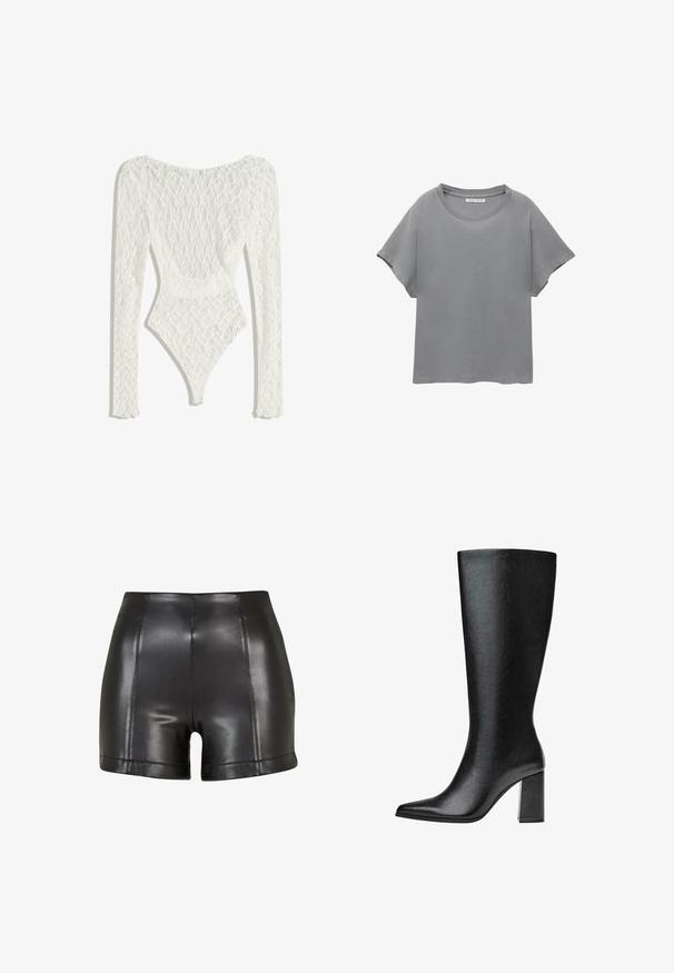 Witte kanten bodysuit met lange mouwen, featuring een geweven patroon en een laag rugontwerp, taps toelopend naar een hoge beenopening.; PULL&BEAR SHORT SLEEVE - T-shirt print - grey; Zwarte nepleer shorts met een hoge taille, een gladde textuur en zichtbare stiksels langs de voorkant en de zoom.; Zwarte laars tot de knie van faux leer met een spitse neus, een gladde textuur en een chunky blokhak. Minimalistisch ontwerp zonder zichtbare accenten.