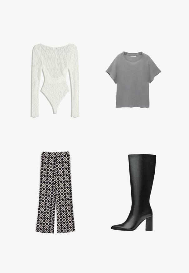 Weißes Spitzen-Bodysuit mit langen Ärmeln, das ein gewebtes Muster und ein tiefes Rückendesign aufweist, das bis zur hohen Beinausschnitt formt.; PULL&BEAR SHORT SLEEVE - T-Shirt print - grey; Weite Hosen mit einem schwarz-beigen geometrischen Diamant- und Kreuzmuster, elastischem Bund, flach auf weißem Hintergrund ausgelegt.; Schwarze kniehohe Stiefel aus Kunstleder mit spitzer Zehe, glatter Oberfläche und blockartigem Absatz. Minimalistisches Design ohne sichtbare Akzente.