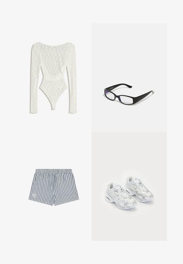 Body din dantelă albă cu mâneci lungi, având un model țesut și un decolteu adânc la spate, cu un deschidere înaltă la picior.; Şorturi rayate din material alb și albastru deschis, cu talie elastică și buzunare laterale. Detaliu subtil cu logo pe piciorul stâng.; Adidași albi sport cu un superior din plasă și accente argintii, cu o formă unică și amortizare cu aer în călcâi. Design cu șireturi și logo.; Ochelari dreptunghiulari negri cu lentile clare. Finisaj lucios, brațe înguste și nuanță purpurie vizibilă la marginea lentilelor.